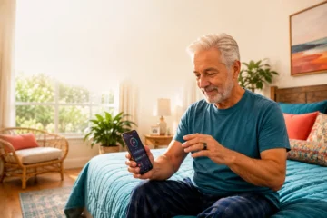 Older adult checking smart ring and heart rate data on a phone in bed