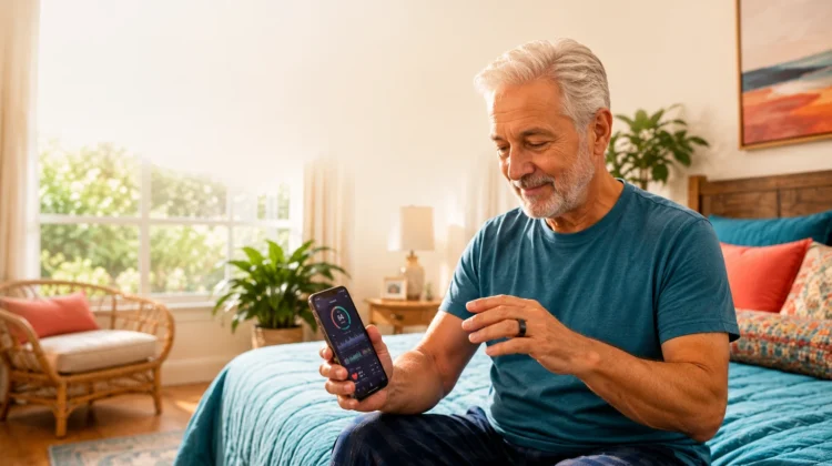 Older adult checking smart ring and heart rate data on a phone in bed