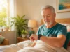 Older adult checking HRV and sleep data on a smartwatch in bed