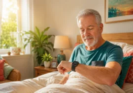 Older adult checking HRV and sleep data on a smartwatch in bed