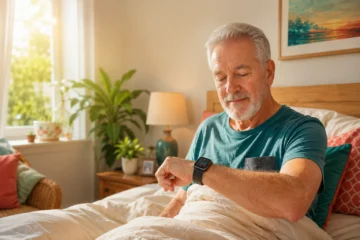 Older adult checking HRV and sleep data on a smartwatch in bed