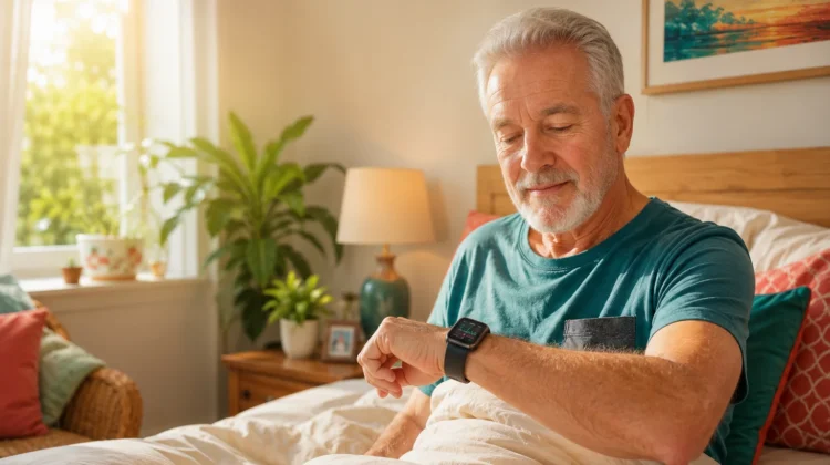 Older adult checking HRV and sleep data on a smartwatch in bed