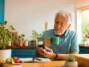 Older adult reviewing a supplement bottle with coffee at the kitchen table
