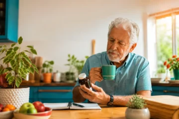 Older adult reviewing a supplement bottle with coffee at the kitchen table