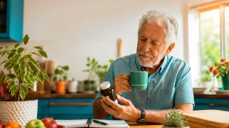 Older adult reviewing a supplement bottle with coffee at the kitchen table