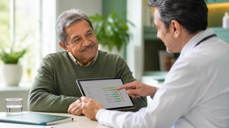 Doctor reviewing hs-CRP and IL-6 lab results with an older adult patient