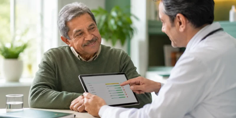 Doctor reviewing hs-CRP and IL-6 lab results with an older adult patient