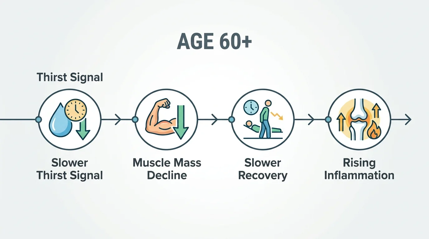 Timeline infographic of aging changes after 60 including thirst signal, muscle mass, recovery, and inflammation