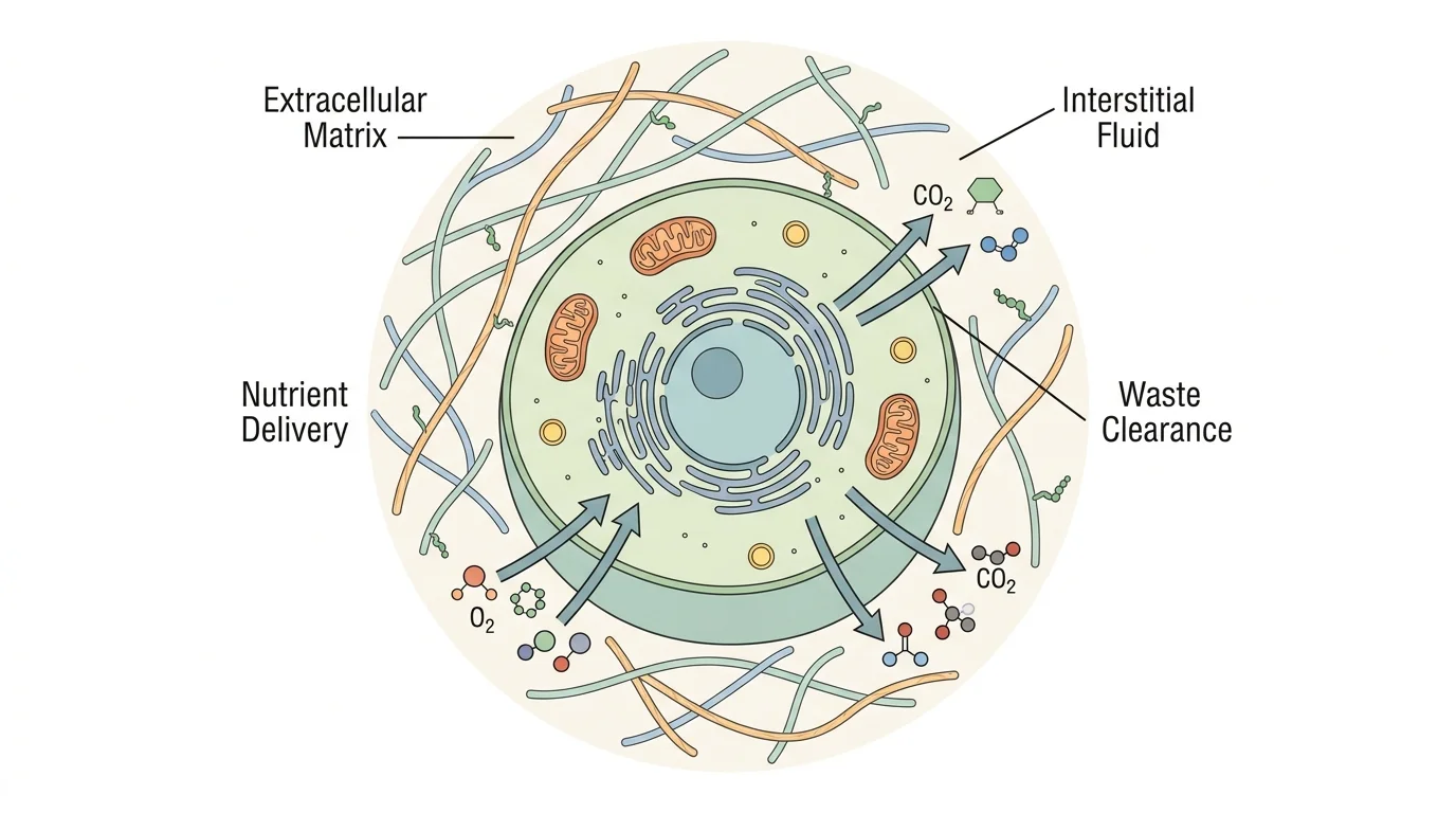 Labeled cell diagram showing extracellular matrix, interstitial fluid, nutrient delivery, and waste clearance