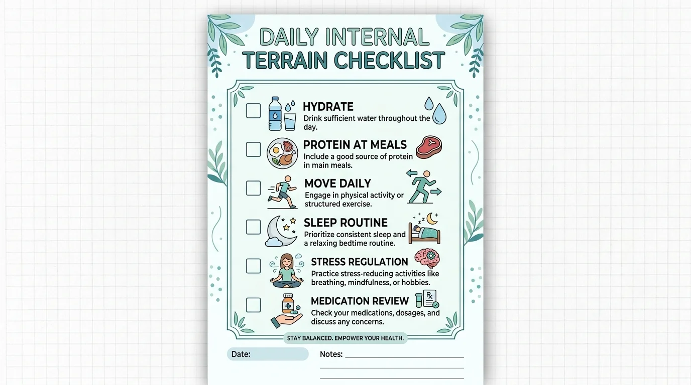 Daily internal terrain checklist with hydration, protein, movement, sleep, and medication review