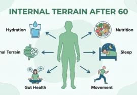 Internal terrain after 60 infographic showing hydration, nutrition, sleep, movement, stress regulation, and gut health