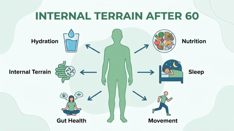 Internal terrain after 60 infographic showing hydration, nutrition, sleep, movement, stress regulation, and gut health