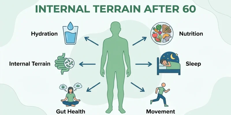 Internal terrain after 60 infographic showing hydration, nutrition, sleep, movement, stress regulation, and gut health