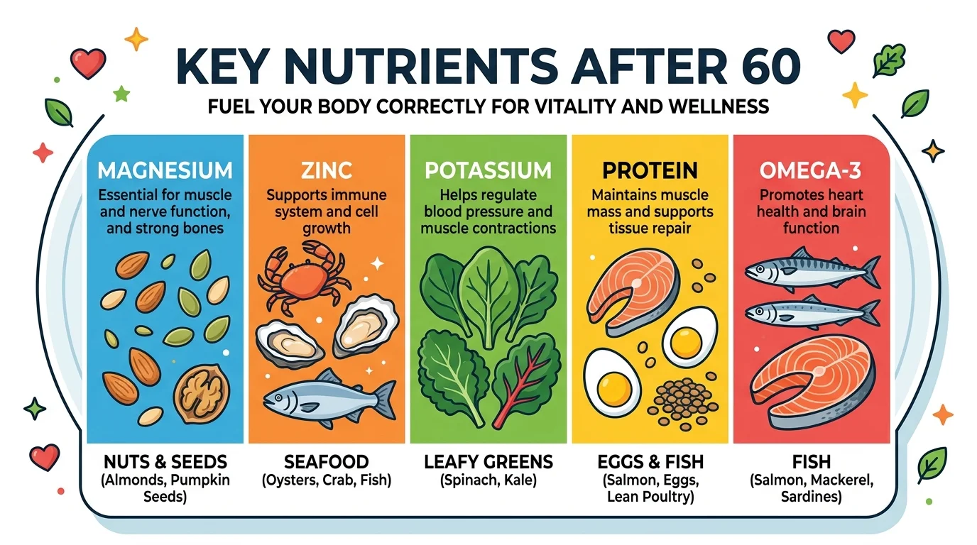 Key nutrients guide after 60 showing magnesium, zinc, potassium, protein, and omega-3 food sources