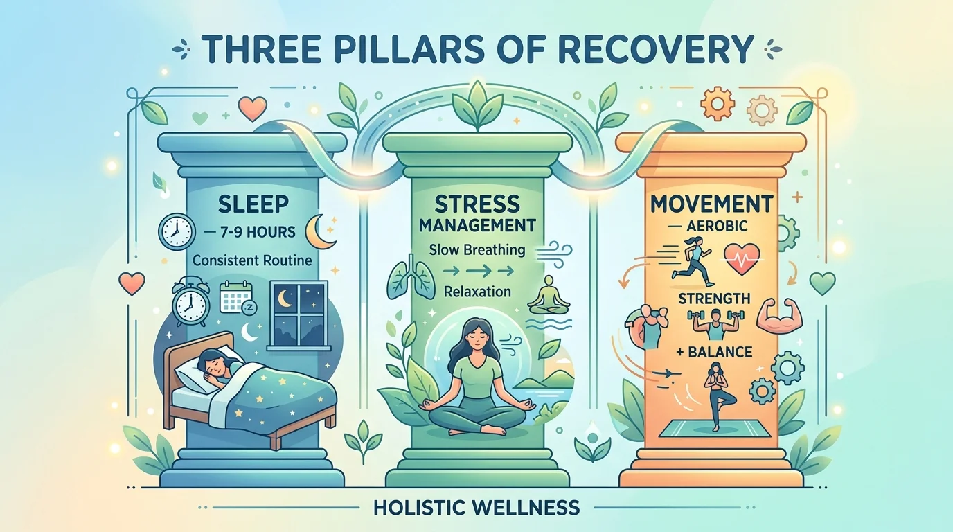 Three pillars of recovery infographic showing sleep, stress regulation, and movement