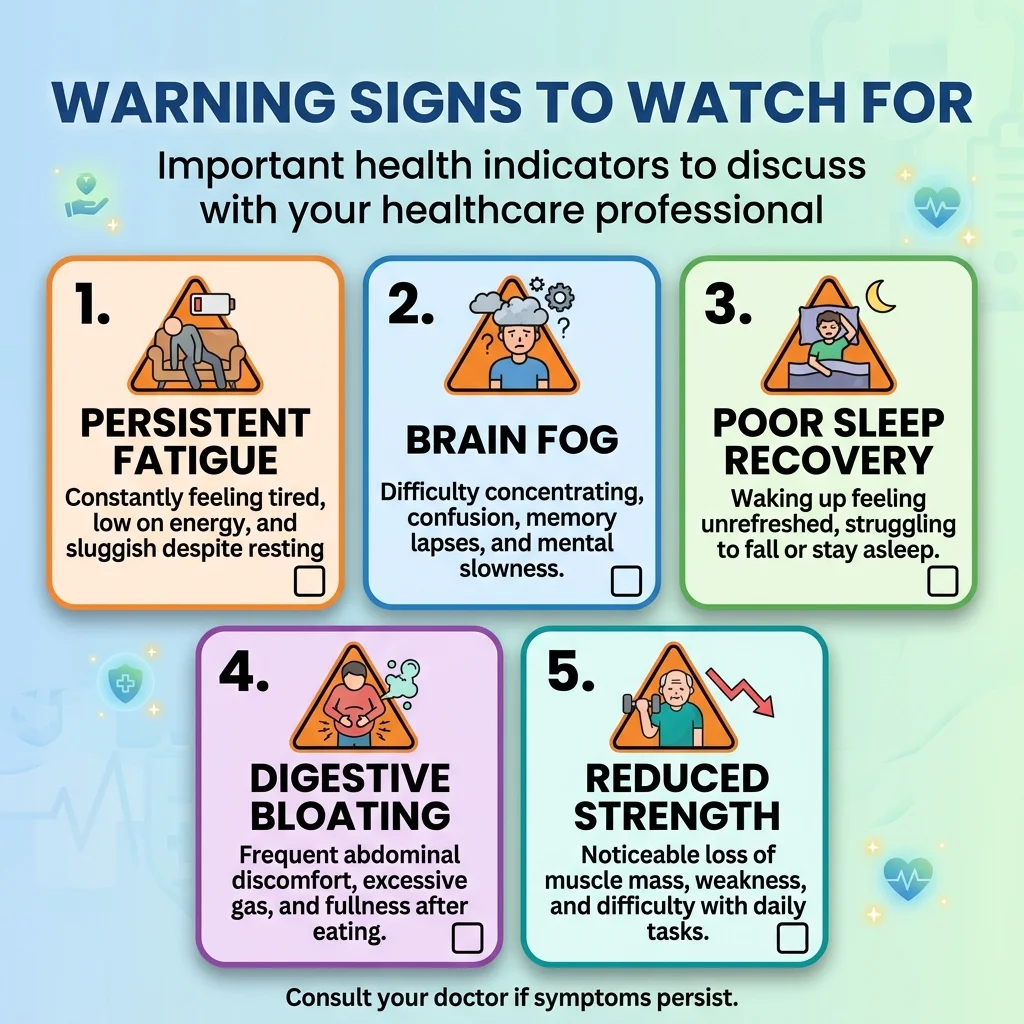 Checklist infographic of warning signs including fatigue, brain fog, poor sleep recovery, and bloating
