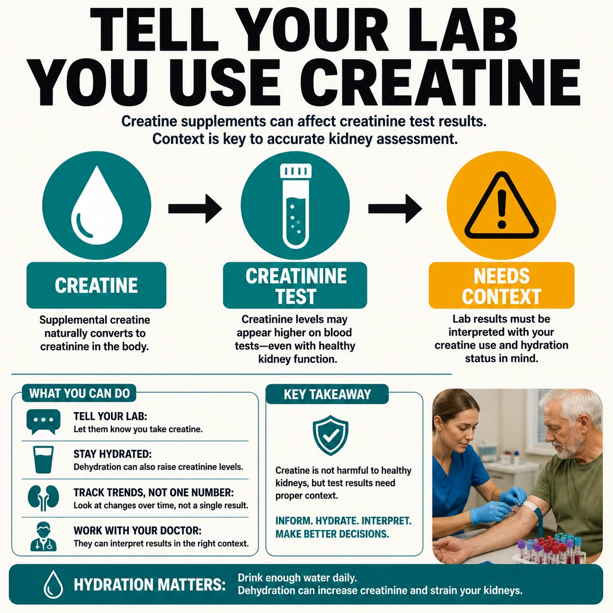 Tell your lab you use creatine because it can affect creatinine test results