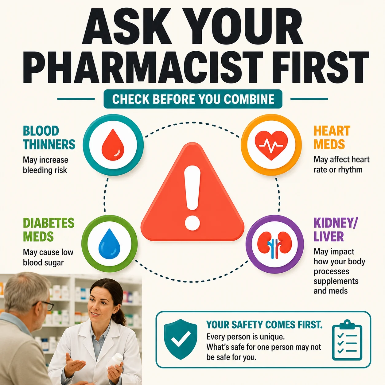 Ask your pharmacist before combining supplements with blood thinners heart diabetes or kidney medicines