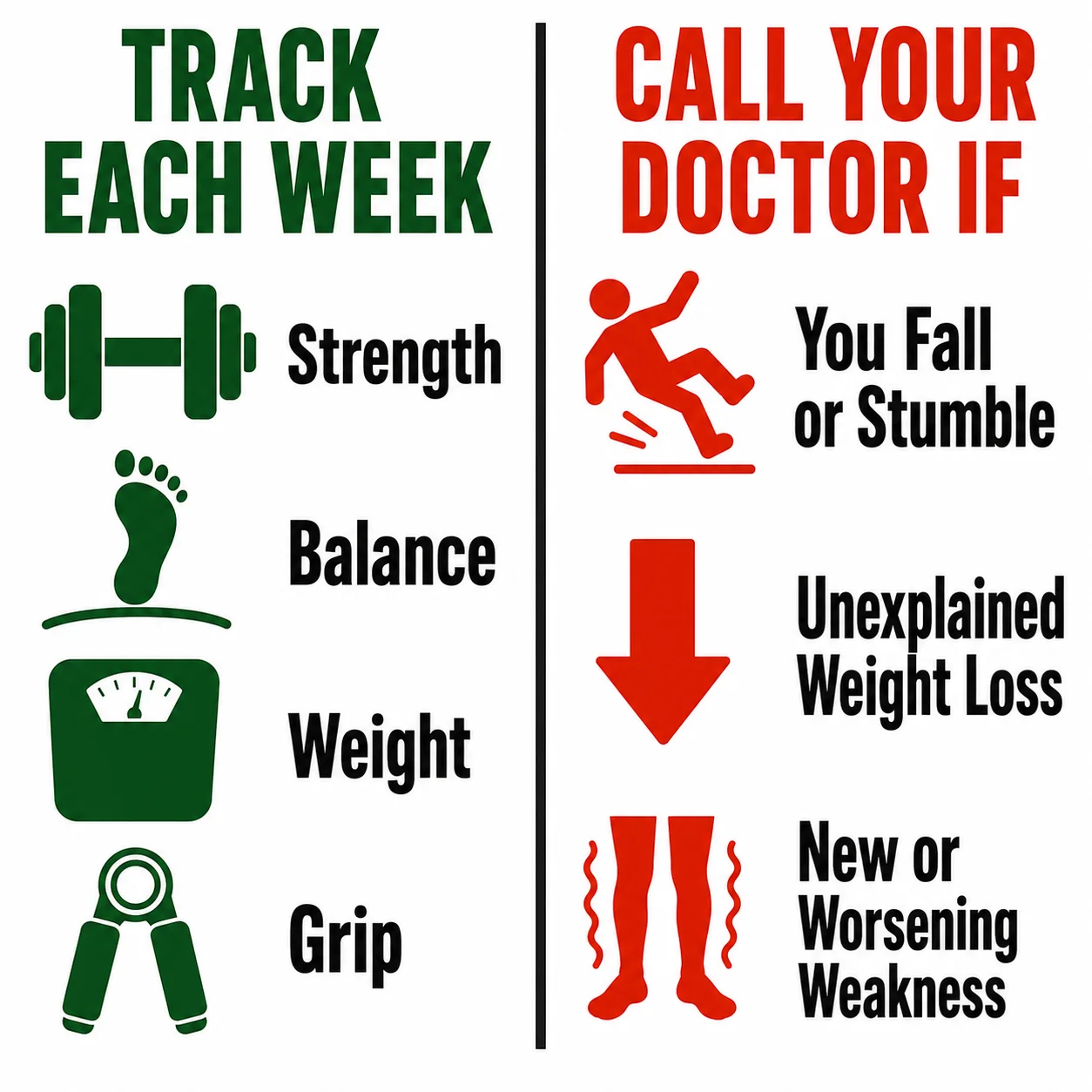 Comparison chart of what to track weekly versus when to call your doctor for sarcopenia
