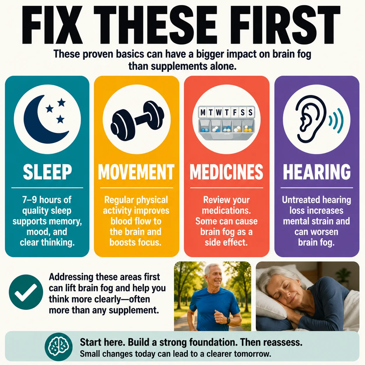 Sleep movement medicines and hearing may matter more than creatine for brain fog