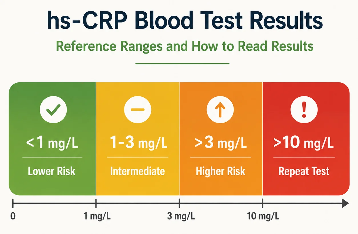 hs-CRP reference range chart showing lower, intermediate, and higher cardiovascular risk levels