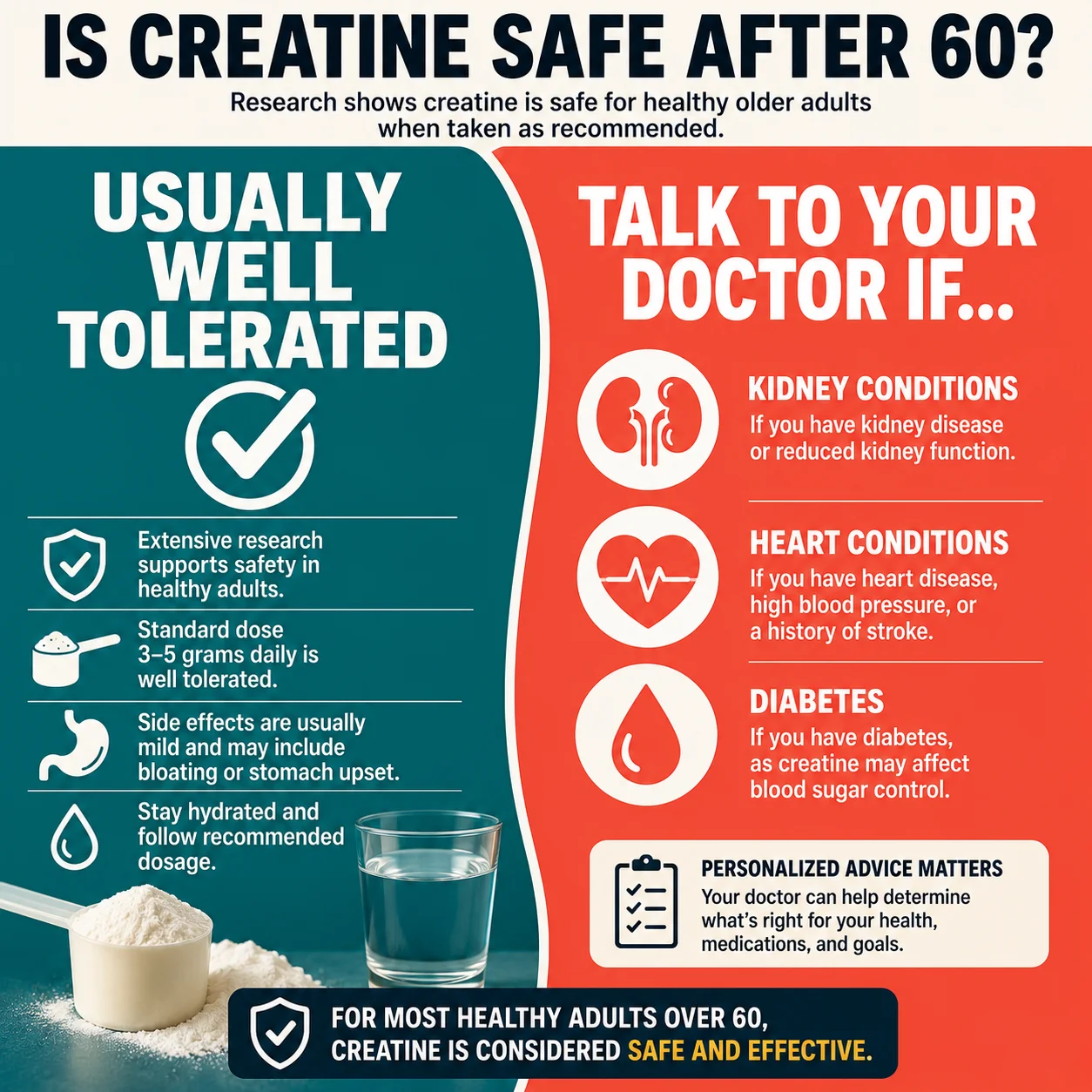 Creatine is usually well tolerated but talk to your doctor about kidney heart and diabetes conditions