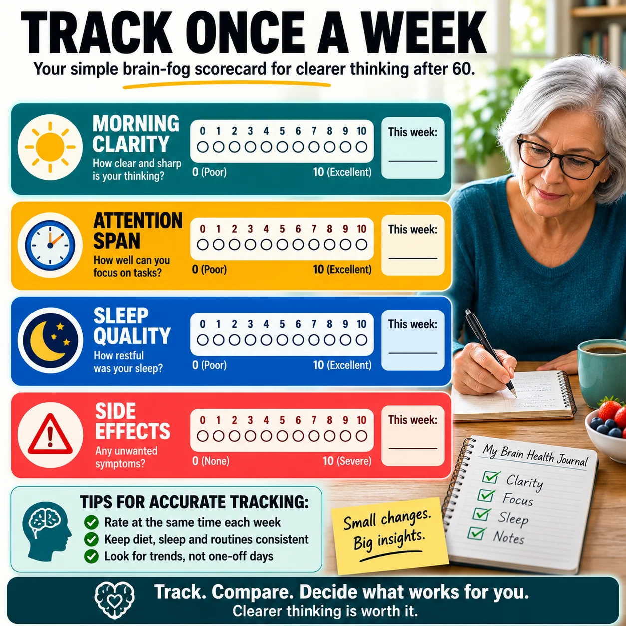 Weekly brain fog scorecard tracking clarity attention sleep and side effects