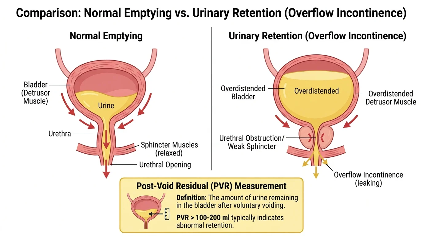 Bladder diagram comparing normal emptying to urinary retention with overflow