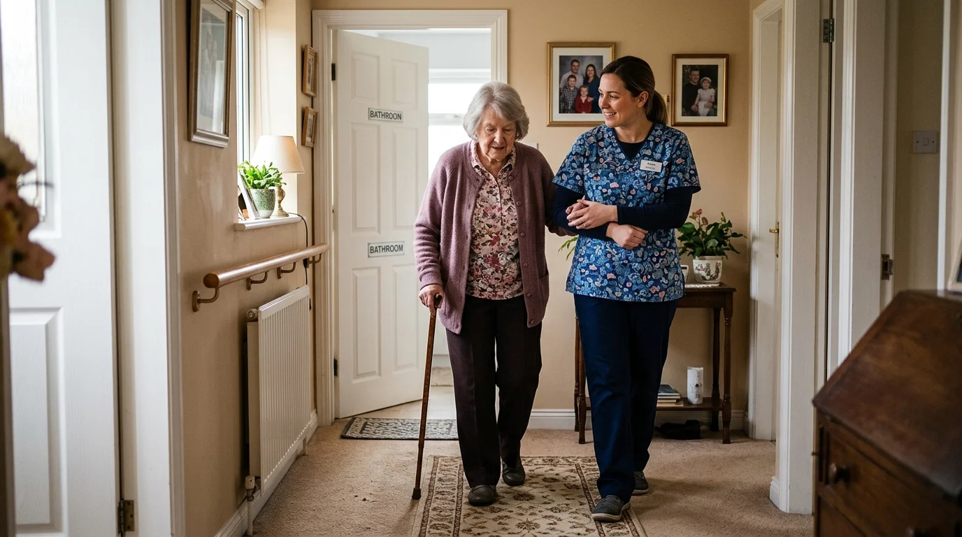 Caregiver helping an elderly woman walk safely to the bathroom at home