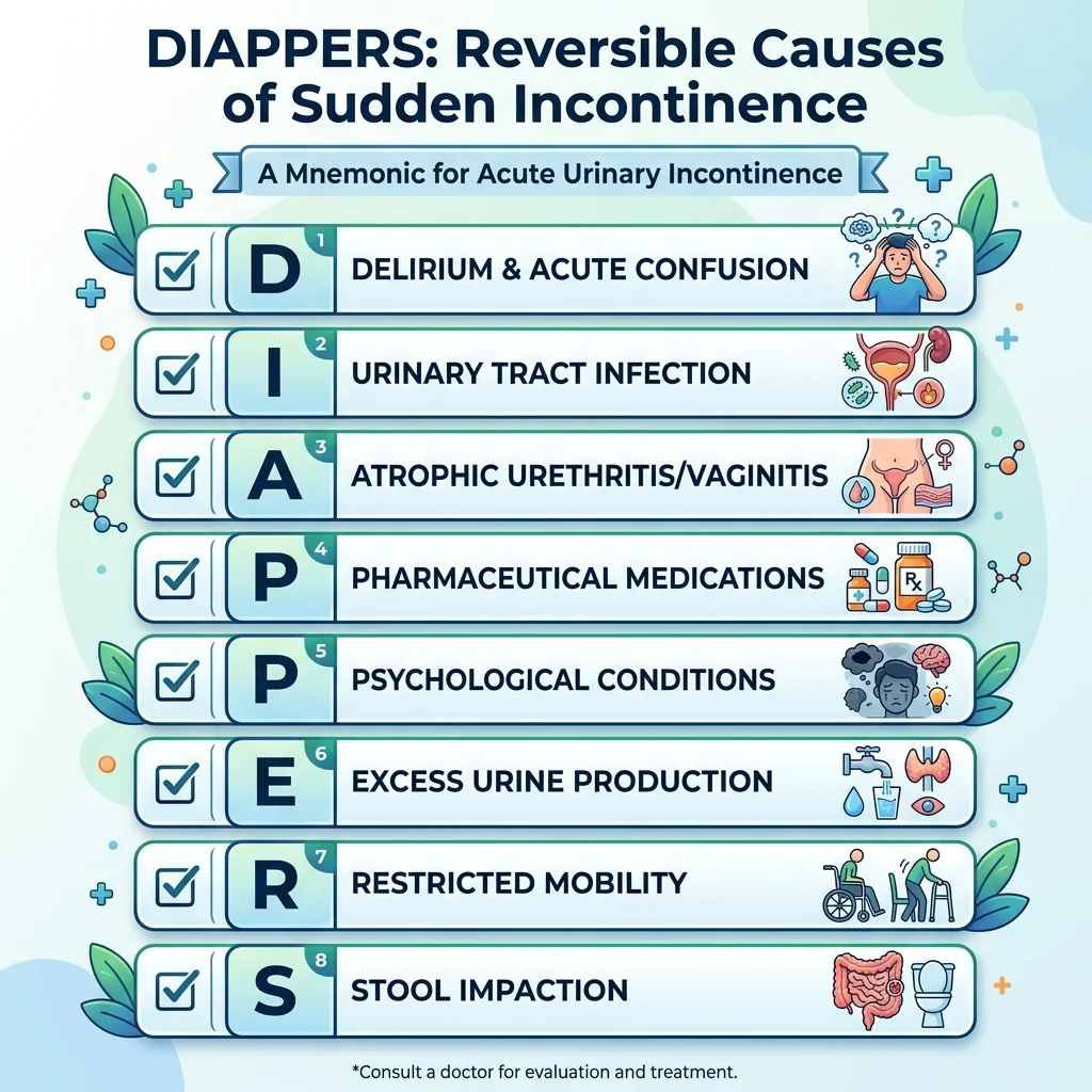 DIAPPERS checklist showing reversible causes of confusion and urine leakage