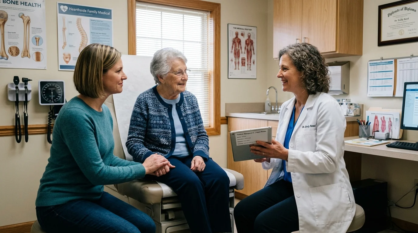 Elderly patient and adult daughter talking with a doctor during a medical consultation