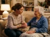 Adult daughter comforting her elderly mother after sudden confusion and urine leakage