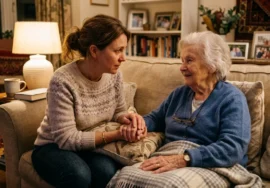 Adult daughter comforting her elderly mother after sudden confusion and urine leakage