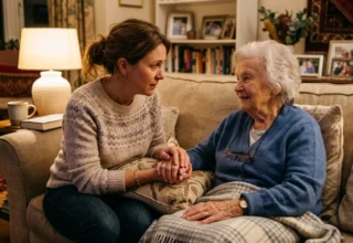 Adult daughter comforting her elderly mother after sudden confusion and urine leakage