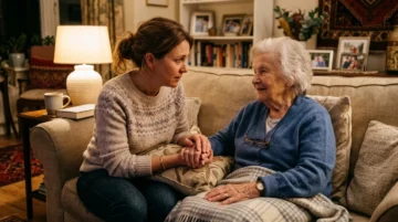 Adult daughter comforting her elderly mother after sudden confusion and urine leakage