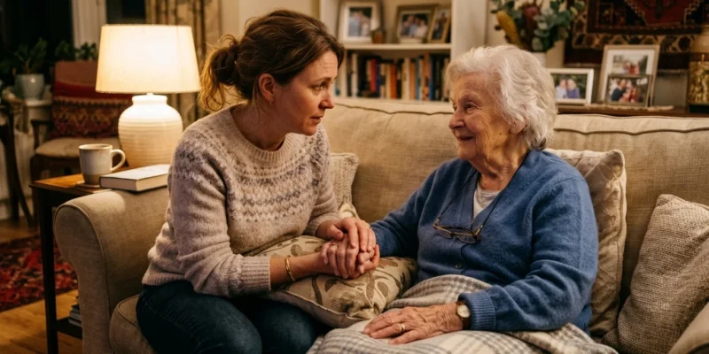Adult daughter comforting her elderly mother after sudden confusion and urine leakage