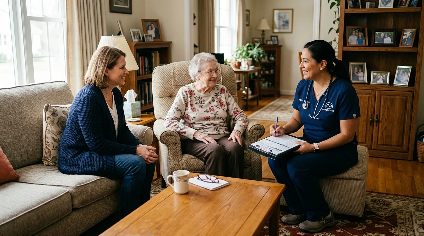 Elderly patient and family caregiver meeting with a home health nurse at home