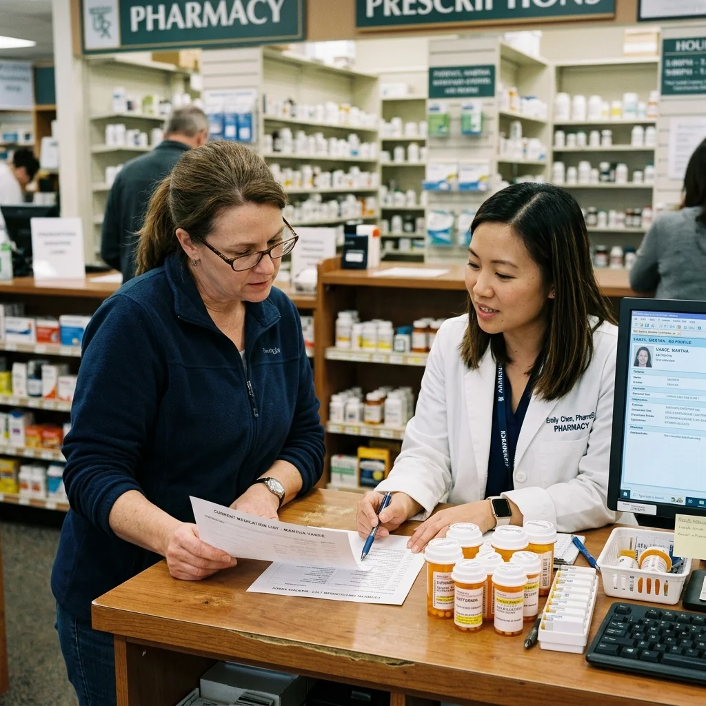 Caregiver reviewing a medication list with a pharmacist at a pharmacy counter