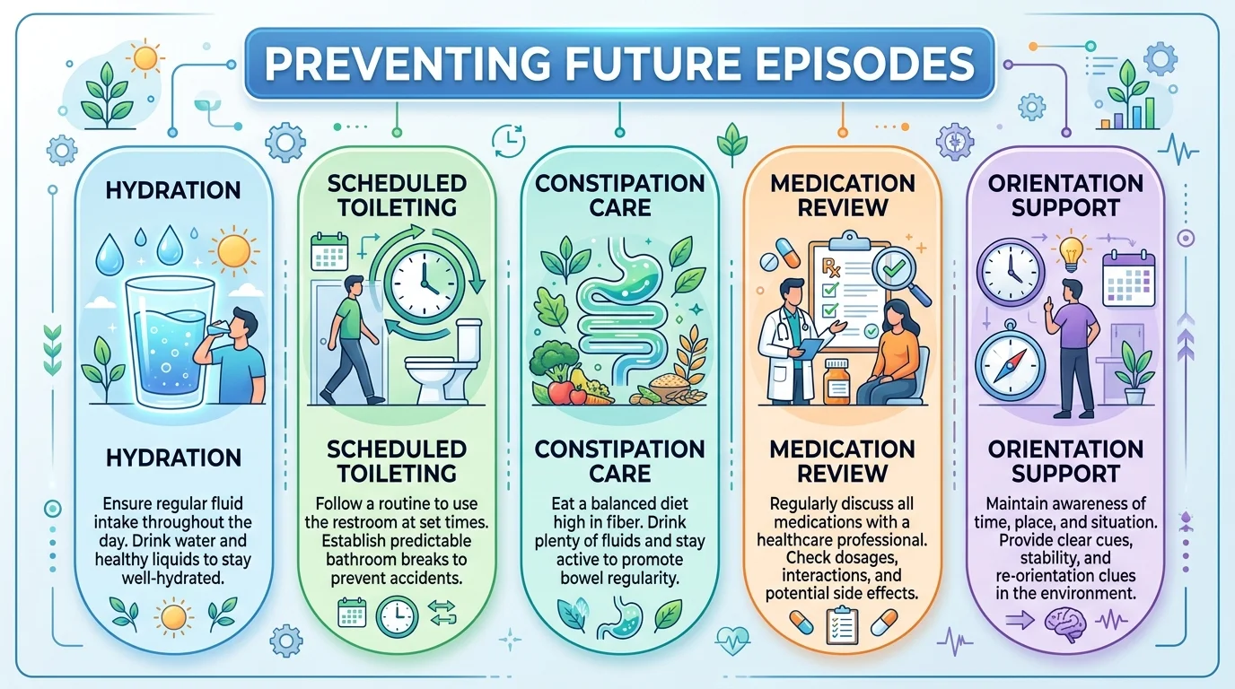 Infographic showing prevention tips including hydration, toileting schedule, and medication review