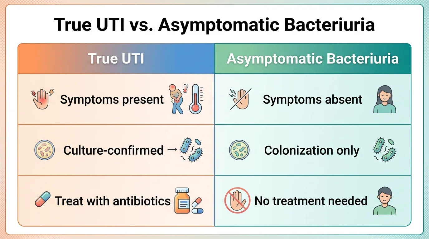 Comparison chart of true UTI versus asymptomatic bacteriuria in older adults