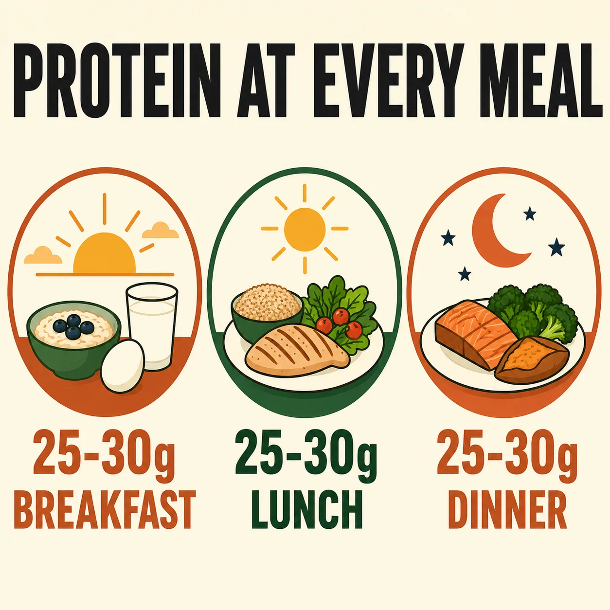 Protein targets of 25 to 30 grams at breakfast, lunch, and dinner for older adults