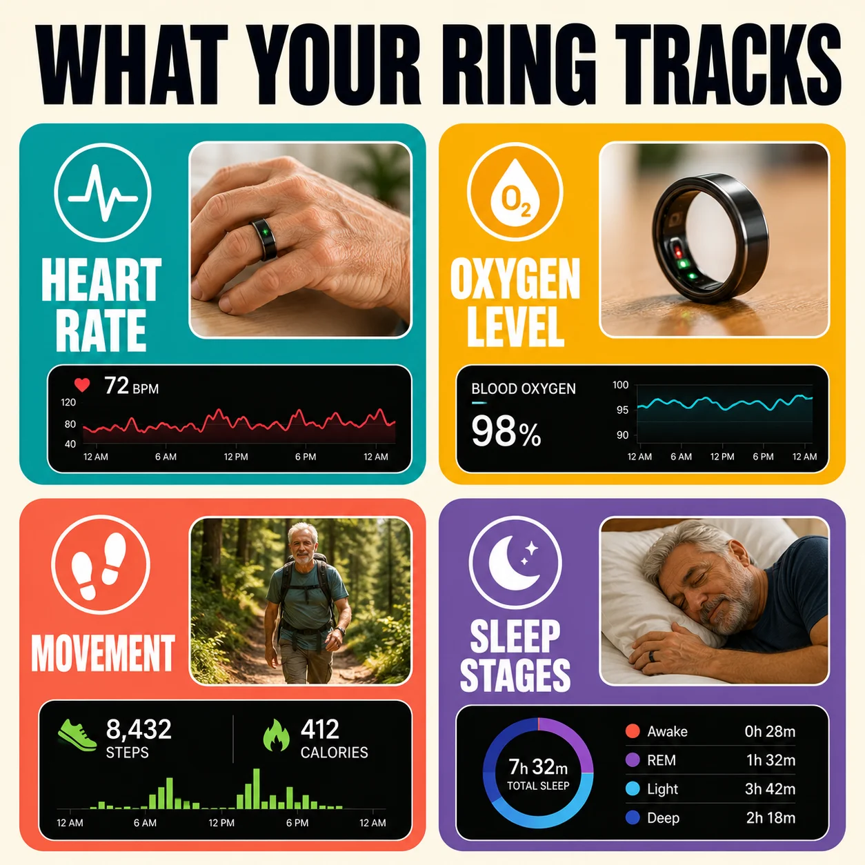What a smart ring tracks: heart rate, oxygen level, movement, and sleep stages