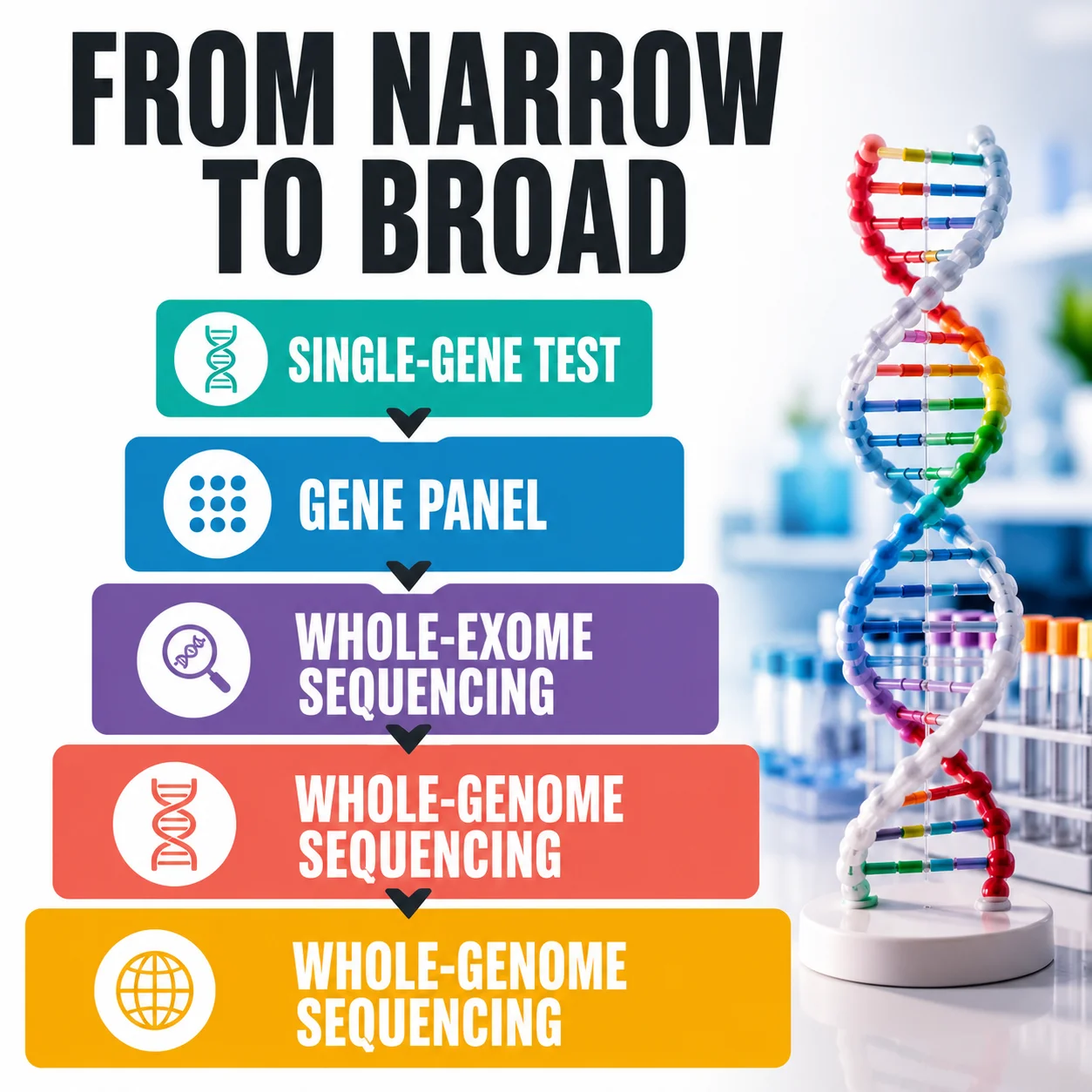 DNA test types ladder from single gene test to whole genome sequencing