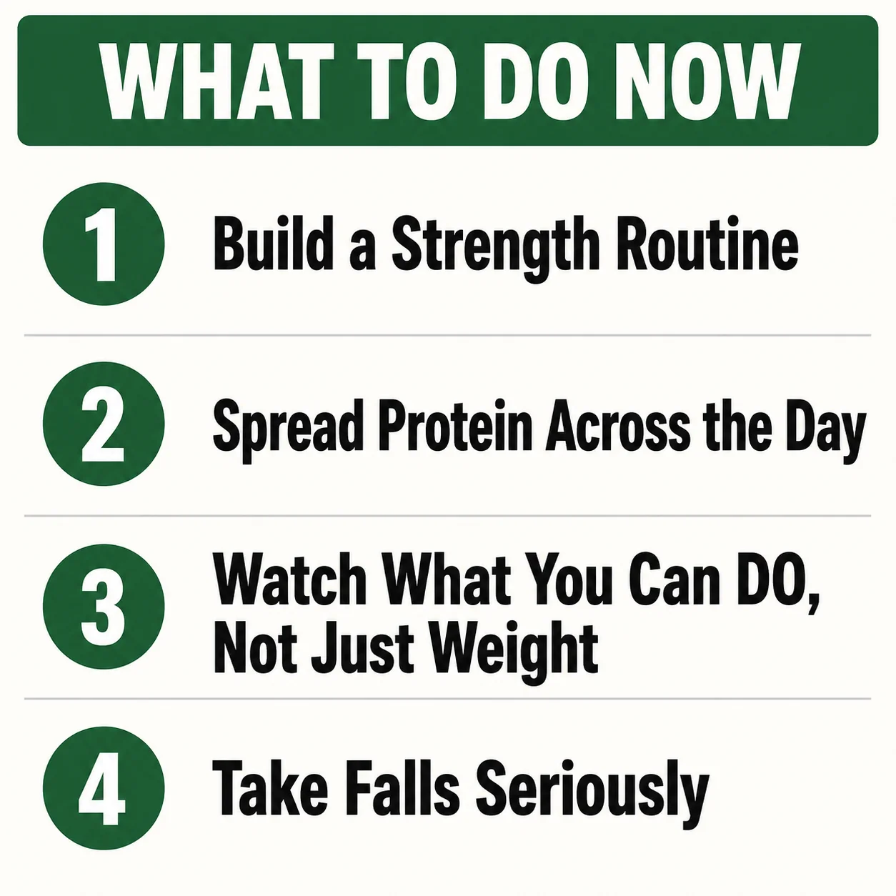 Numbered checklist of four steps to prevent sarcopenia in older adults