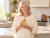 Mustard oil for knee pain seniors: older woman holding amber mustard oil bottle in a bright US kitchen