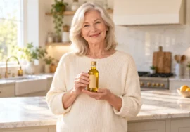 Mustard oil for knee pain seniors: older woman holding amber mustard oil bottle in a bright US kitchen