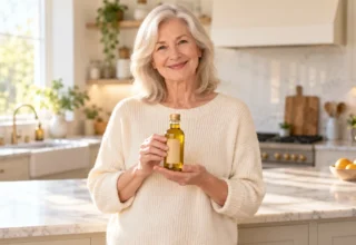 Mustard oil for knee pain seniors: older woman holding amber mustard oil bottle in a bright US kitchen