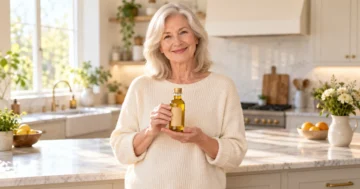 Mustard oil for knee pain seniors: older woman holding amber mustard oil bottle in a bright US kitchen