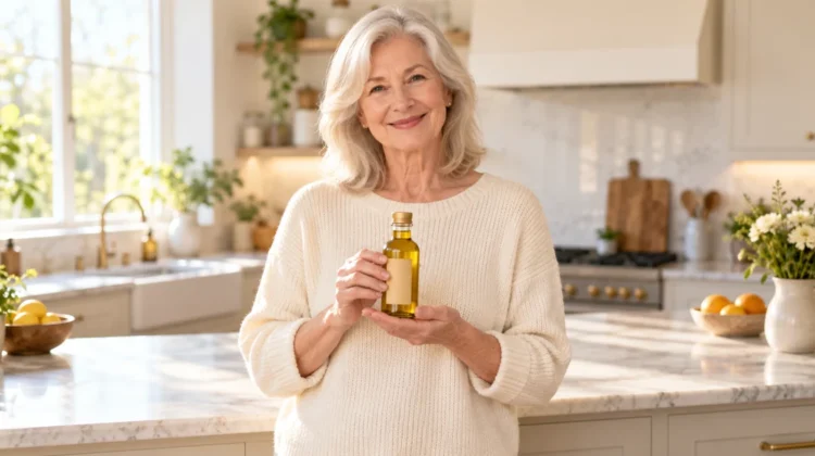 Mustard oil for knee pain seniors: older woman holding amber mustard oil bottle in a bright US kitchen