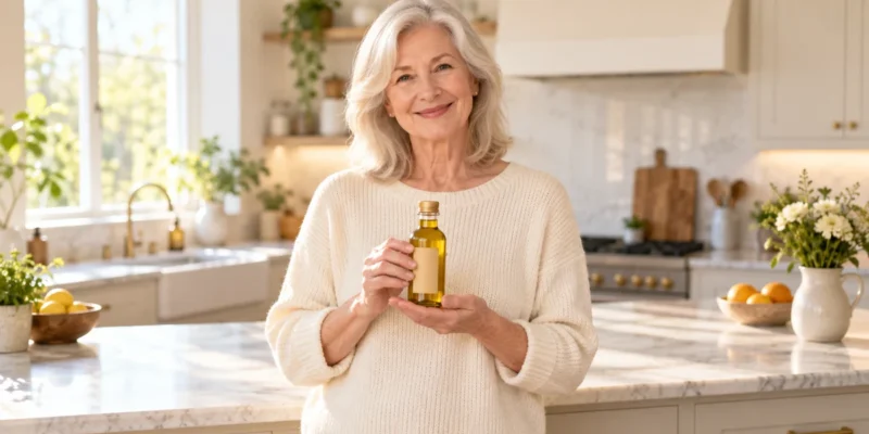 Mustard oil for knee pain seniors: older woman holding amber mustard oil bottle in a bright US kitchen